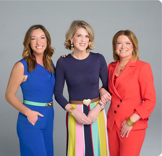 Group portrait of moorlow founders Sondra, Holly, and Brooks—styled in bold, colorful outfits and united in their mission to elevate brain health through pickleball fashion.