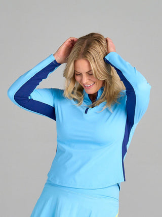 Model is wearing size large in The Brooksie - Sky Blue pullover.