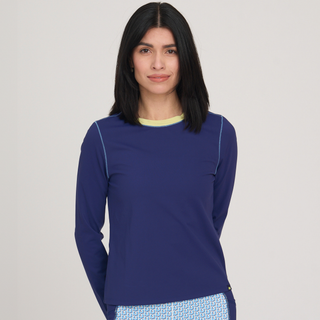 Model is wearing size small in The Connection Midnight Crossback Longsleeve.