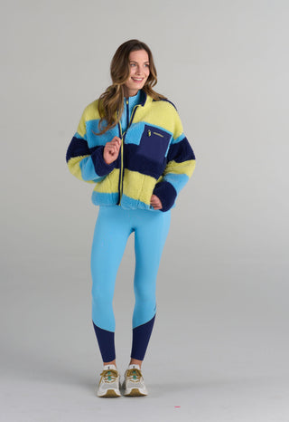 Model is wearing size small/medium in the Betsy Multicolor Striped fleece.