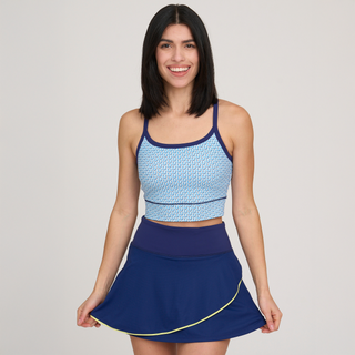 Model is wearing a small in The Uplift Alaskan Blue Momentum Longline Tank.