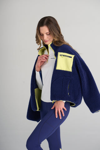 Model is wearing size small/medium in the Betsy Midnight fleece.