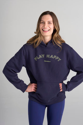 Model is wearing size small in the Hoodie Midnight and a size extra small in the Traveler Midnight legging.