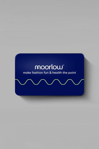 Digital moorlow gift card in Midnight Blue with white moorlow logo, “make fashion fun & health the point” tagline, and green brainwave squiggle—bold branding for gifting pickleball style.