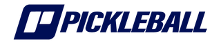 Pickleball logo with blue text and a stylized paddle icon.